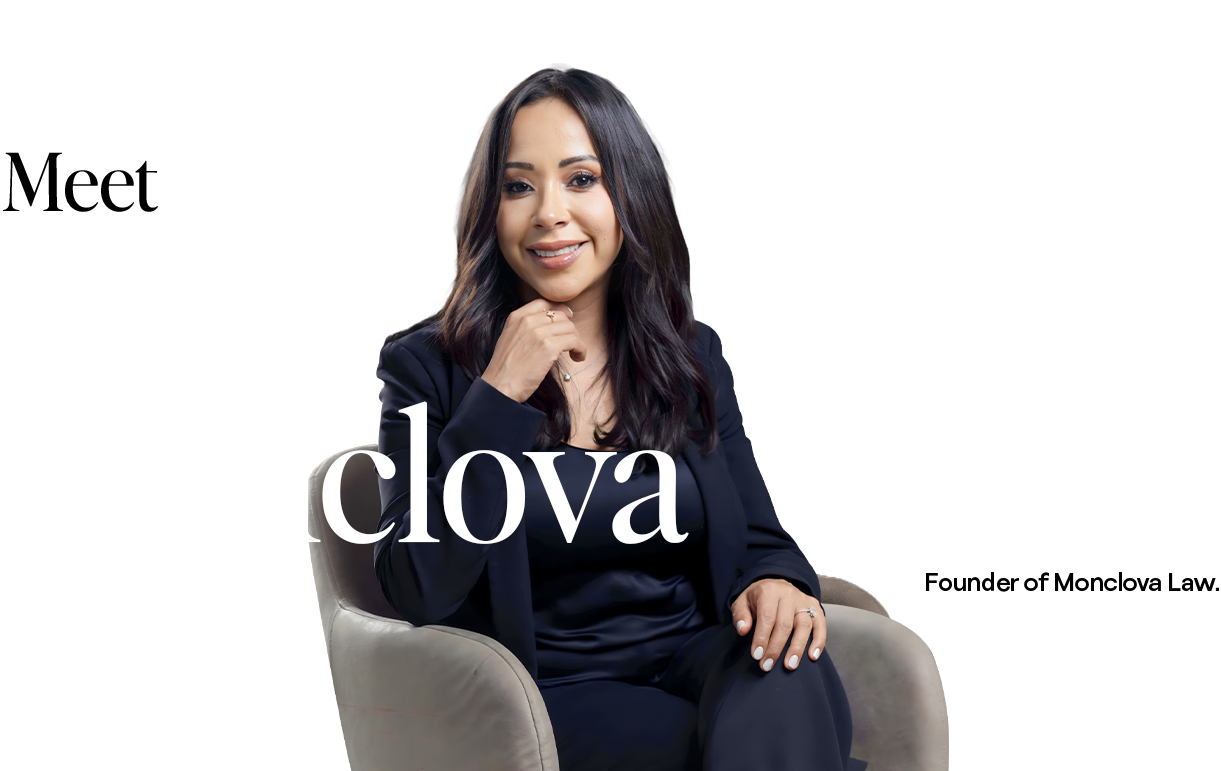 Businesswoman seated, smiling confidently in a black suit, with text overlay.