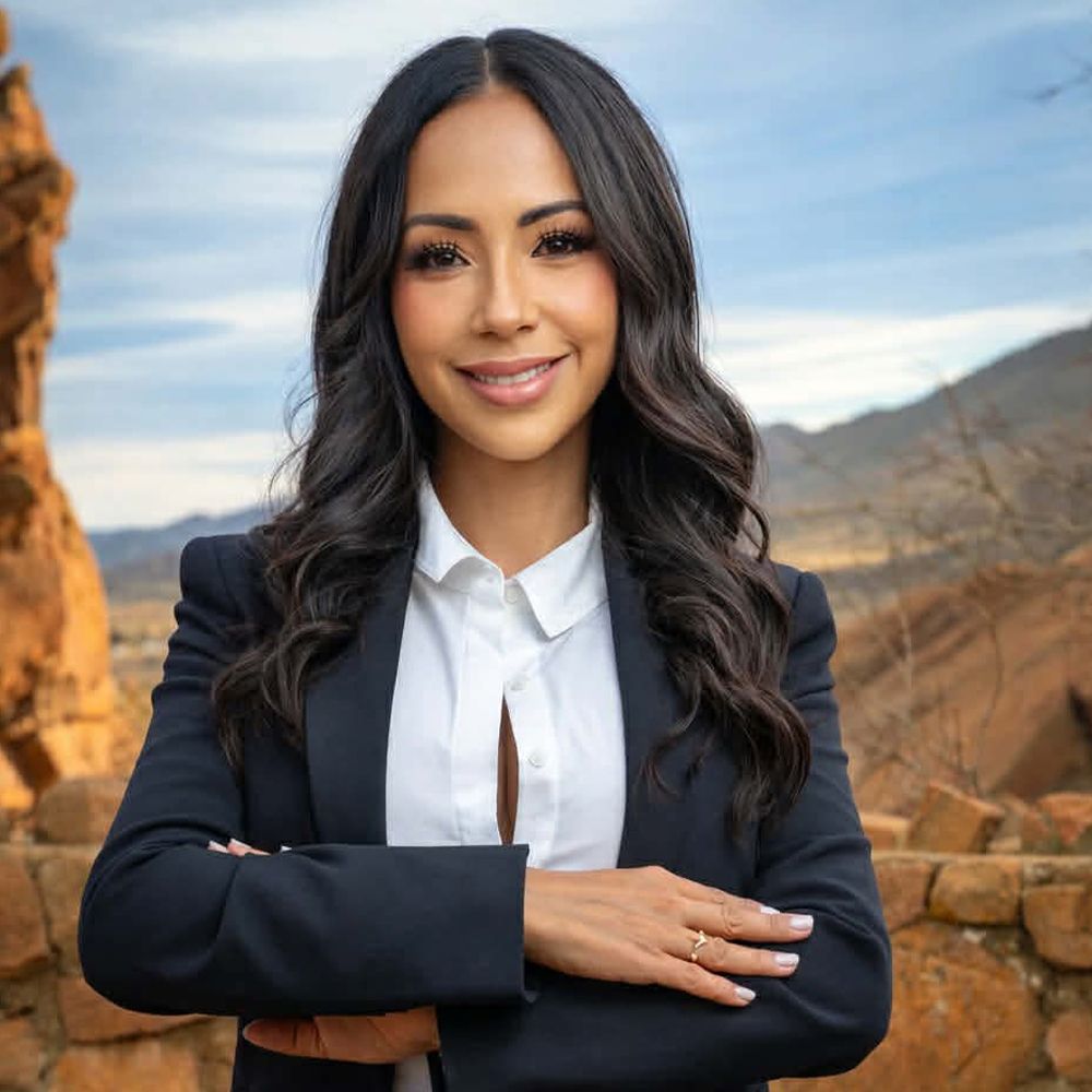 Professional woman in a business suit smiling outdoors with mountains in the background.